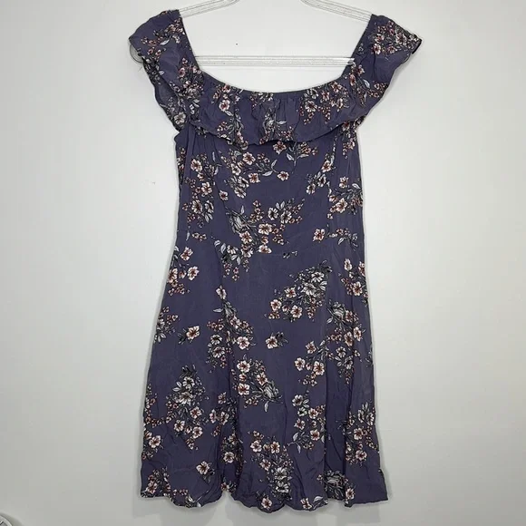Garage blue floral off the shoulder ruffle mini dress
